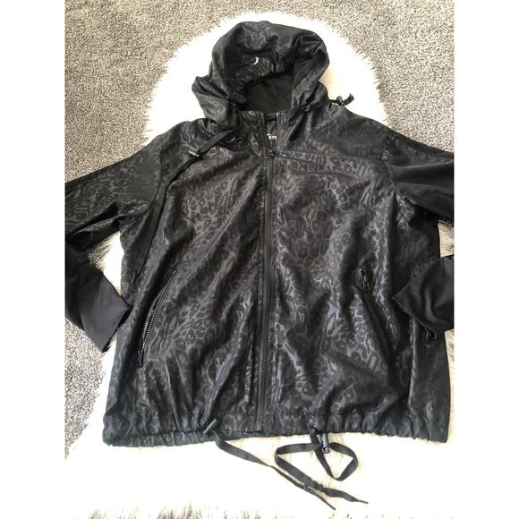 Zyia Active Women Windbreaker Hooded Black Animal Print Full Zip Jacket Large H1 - Picture 1 of 8